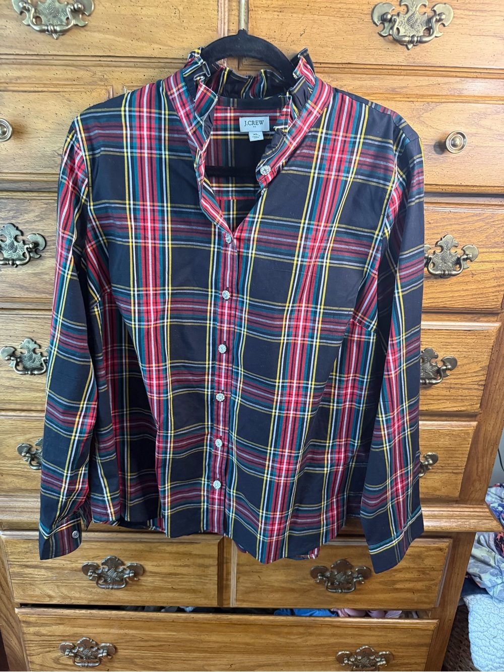 J. Crew Black Navy Plaid Button-Down Shirt with Red and Yellow Stripes